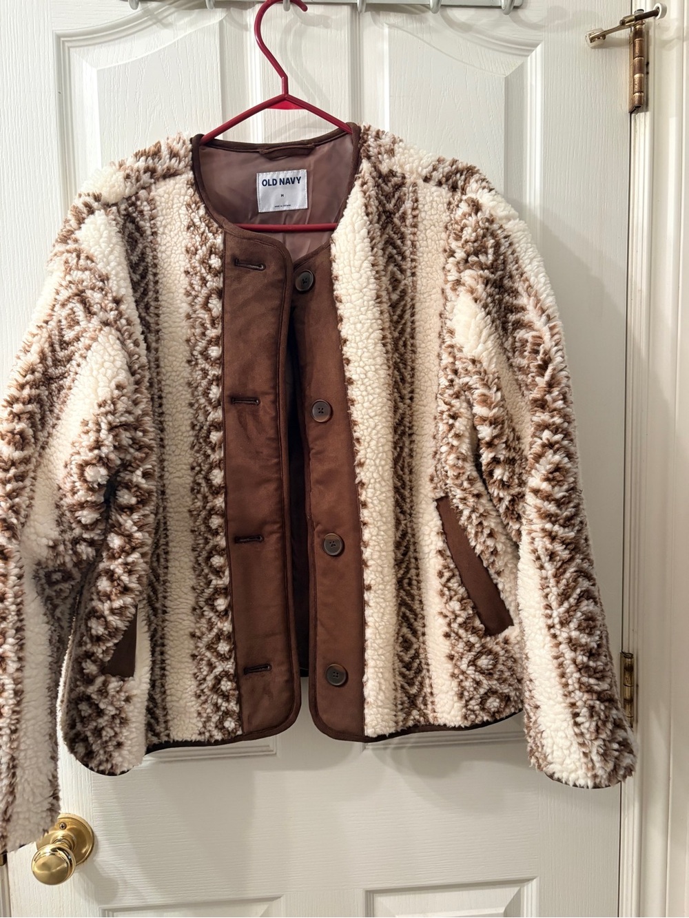 Old Navy Cream and Brown Sherpa Button-Front Jacket